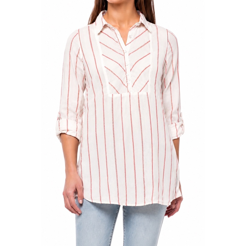 C&C‎ Womens 100% Linen Popover Tunic Top L White Red Roll Tab Sleeve Coastal